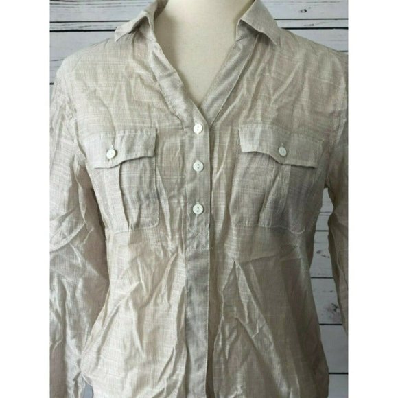 Chicos Blouse Small Sheer Shirt‎ Top Button Front Rayon Nylon Chico's Beige - Picture 2 of 6